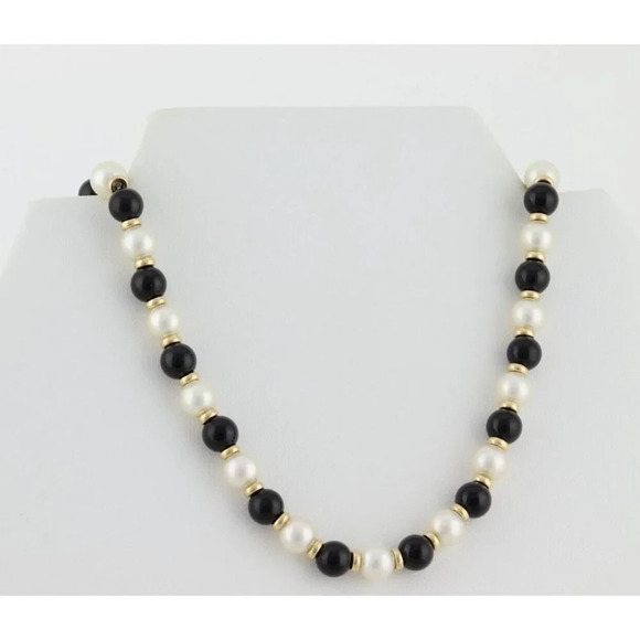 14k Yellow Gold Freshwater Pearl, Onyx, Gold Bead Strand Necklace 19.25" - Picture 8 of 8